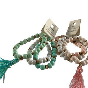 Makarlon Lot of 6 Beaded Bracelets Green Pink White Tassel Gold Tone Stretch